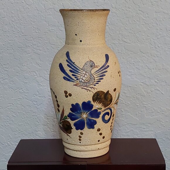 Hand Painted Tonala Mexican Pottery Floral Bird Vase - Picture 1 of 16